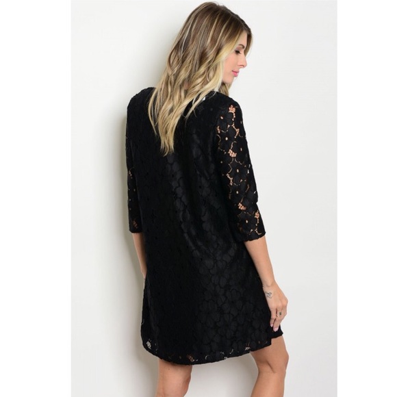 Black Crochet 3/4 Sleeve Shift Dress - Picture 3 of 6